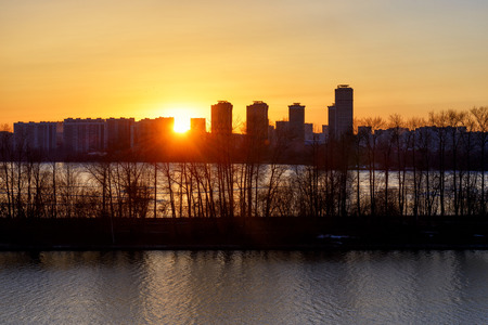 View of Moscow Strogino district at sunset. Moskva River. Moscow, Russia.の写真素材