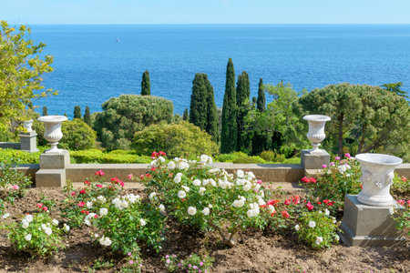 ALUPKA, RUSSIA - MAY 20, 2016: The garden in the Vorontsov Palace. Vorontsov Palace is one of the attractions of the Crimea.のeditorial素材