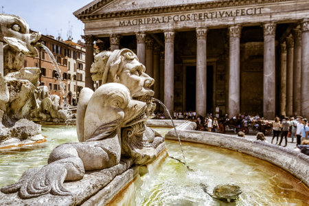 Baroque fountain in front of Pantheon at the Piazza della Rotonda in Rome, Italy
