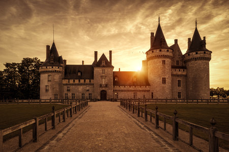 The chateau of Sully-sur-Loire at sunset, France. This castle is located in the Loire Valley, dates from the 14th century and is a prime example of medieval fortress.のeditorial素材