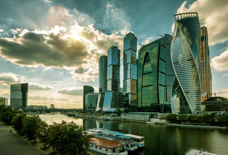 MOSCOW - AUGUST 10, 2016: Skyscrapers of Moscow-Ð¡ity (Moscow International Business Center) over Moskva River. Moscow-city is a modern commercial district in central Moscow.のeditorial素材