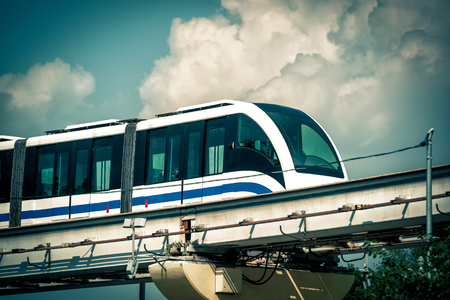 A monorail train runs in blue sky in Moscow, Russiaの写真素材