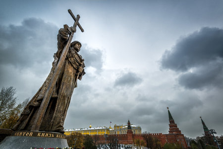 MOSCOW, RUSSIA - NOVEMBER 4, 2016: Monument to Holy Prince Vladimir the Great over the Kremlin. Vladimir is credited with the introduction of Orthodox Christianity.のeditorial素材