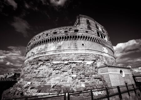 Black and white image of the central part of Castel Sant'Angelo (Castle of Holy Angel), Rome, Italyの写真素材