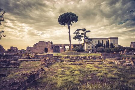 Ruins of the ancient palace on the Palatine Hill near the Roman Forum in Rome, Italyの写真素材