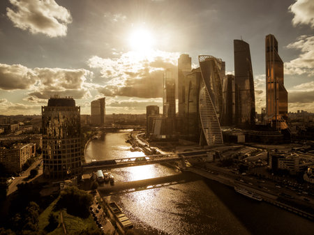 MOSCOW - AUGUST 25, 2016: Aerial view of Moscow-City (Moscow International Business Center) over Moskva River. Moscow-City is a modern commercial district in central Moscow.のeditorial素材