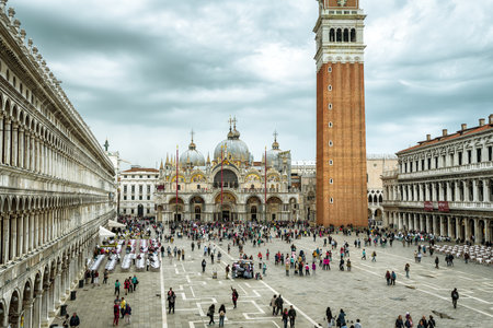 Venice, Italy - May 20, 2017: Piazza San Marco, or St Mark's Square. Basilica and Campanile di San Marco. This is the main square of Venice.のeditorial素材