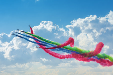 Moscow Region - July 21, 2017: Aerobatic display team from the United Arab Emirates at the International Aviation and Space Salon (MAKS) in Zhukovsky.のeditorial素材