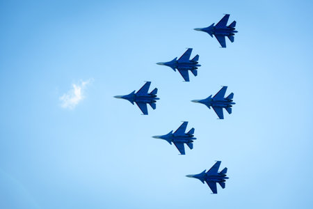 Moscow Region - July 21, 2017: Aerobatic display team "Russian Knights" on Su-30SM at the International Aviation and Space Salon (MAKS) in Zhukovsky.のeditorial素材