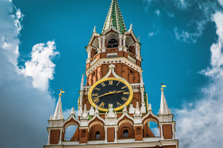 The famous Spasskaya tower of Moscow Kremlin, Russia. The Moscow Kremlin is the residence of the Russian president and the main tourist attraction of Moscow.のeditorial素材