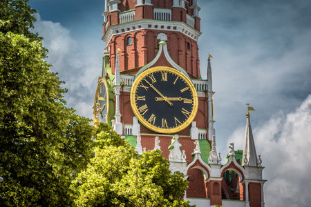 The famous Spasskaya tower of Moscow Kremlin, Russia. The Moscow Kremlin is the residence of the Russian president and the main tourist attraction of Moscow.のeditorial素材