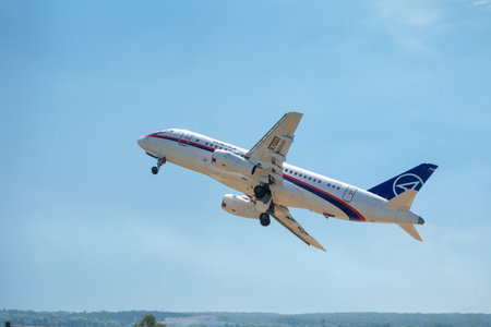 Moscow Region - July 21, 2017: Russian passenger plane Sukhoi Superjet-100 takes off at the International Aviation and Space Salon (MAKS) in Zhukovsky.のeditorial素材