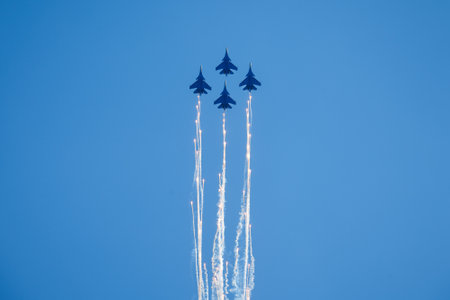 Moscow Region - July 21, 2017: Aerobatic display team Russian Aviation and Space Salon (MAKS) in Zhukovsky.のeditorial素材