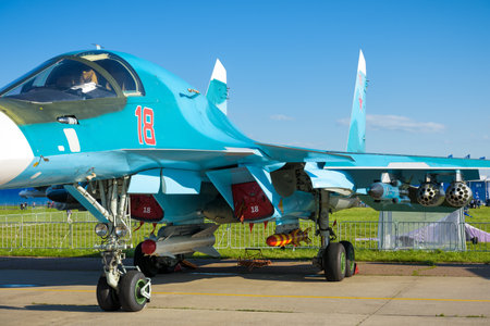 Moscow Region - July 21, 2017: New Russian fighter-bomber Sukhoi Su-34 at the International Aviation and Space Salon (MAKS) in Zhukovsky.のeditorial素材