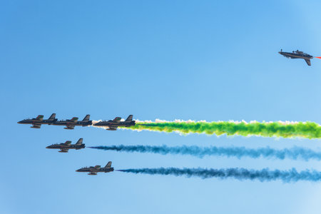 Moscow Region - July 21, 2017: Aerobatic display team from the United Arab Emirates at the International Aviation and Space Salon (MAKS) in Zhukovsky.のeditorial素材