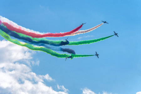 Moscow Region - July 21, 2017: Aerobatic display team from the United Arab Emirates at the International Aviation and Space Salon (MAKS) in Zhukovsky.のeditorial素材