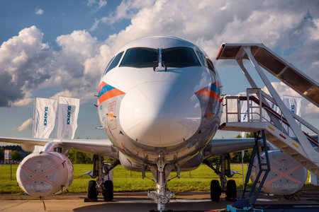 Moscow Region - July 21, 2017: Russian passenger plane Sukhoi Superjet-100 at the International Aviation and Space Salon (MAKS) in Zhukovsky.のeditorial素材