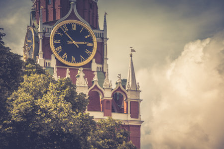 The Spasskaya tower of Moscow Kremlin, Russia. The Moscow Kremlin is the residence of the Russian president and the main tourist attraction of Moscow.のeditorial素材
