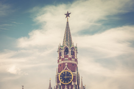 The Spasskaya tower of the Kremlin in the Red Square, Moscow, Russia. The Moscow Kremlin is the residence of the Russian president and the main tourist attraction of Moscow.のeditorial素材