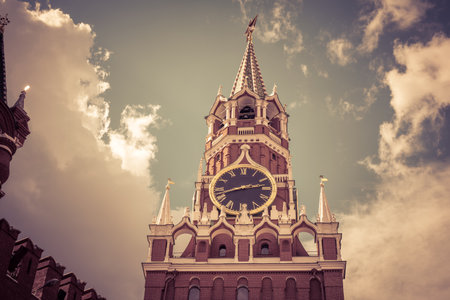 The Spasskaya tower of Moscow Kremlin, Russia. The Moscow Kremlin is the residence of the Russian president and the main tourist attraction of Moscow.のeditorial素材