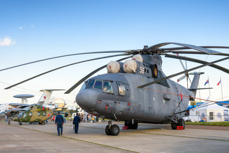 Moscow Region - July 21, 2017: Russian heavy transport helicopter Mil Mi-26 at the International Aviation and Space Salon (MAKS) in Zhukovsky.  it is the largest and most powerful helicopter in the world.のeditorial素材