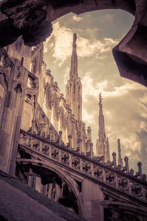 The roof of the Milan Cathedral (Duomo di Milano) in Milan, Italy. Milan Duomo is the largest church in Italy and the fifth largest in the world.の写真素材