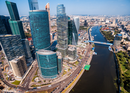 Aerial view of Moscow-City (Moscow International Business Center) over Moskva River. Moscow-City is a modern commercial district in central Moscow.の写真素材