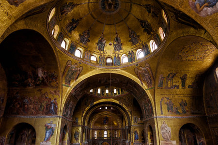 Venice, Italy - May 21, 2017: Interior of the Saint Mark`s Basilica (Basilica di San Marco). Basilica di San Marco was built in the 12th century and is the main tourist attraction of Venice.のeditorial素材