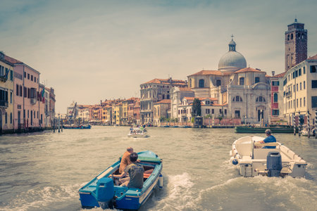 Venice, Italy - May 18, 2017: Motor boats are sailing along the Grand Canal. Motor boats are the main transport in Venice.のeditorial素材