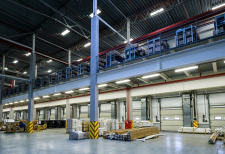 Moscow - March 18, 2016: Industrial goods are in the large warehouse near the gate, ready for...