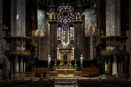 Milan, Italy - May 16, 2017: Altar of the Milan Cathedral (Duomo di Milano). Milan Duomo is the...