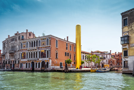 Venice, Italy - May 18, 2017: The Golden Tower by the artist James Lee Byers on the Grand Canal. The Grand Canal is one of the main attractions of Venice.のeditorial素材