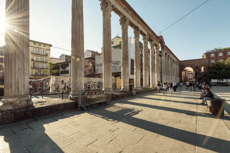 Milan, Italy - May 22, 2017: Columns of San Lorenzo at sunset. It is a group of ancient Roman ruins, located in front of the Basilica of San Lorenzo.のeditorial素材