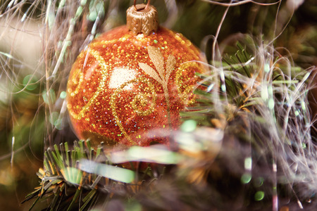 Merry Christmas and Happy New Year. Christmas tree decoration closeup.の写真素材