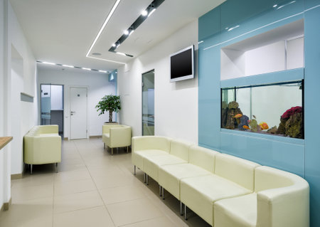 Moscow - September 15, 2017: A modern clinic interior. Entrance hallway.のeditorial素材