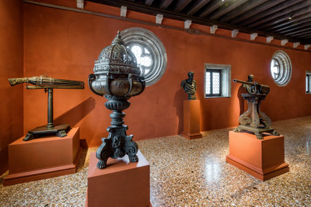 Venice, Italy - May 20, 2017: Inside the Doge`s Palace (Palazzo Ducale), exhibition of medieval things. Doge`s Palace was built in 15th cent on St Mark`s Square and is one of main tourist attractions of Venice.のeditorial素材