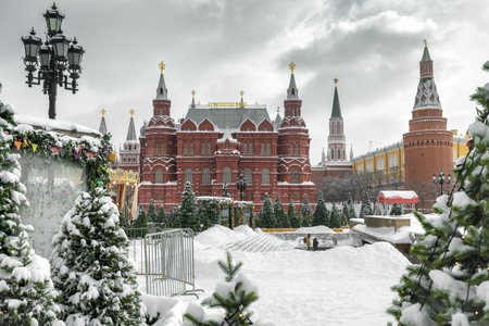 State Historical Museum and Moscow Kremlin in the winter, Russiaのeditorial素材