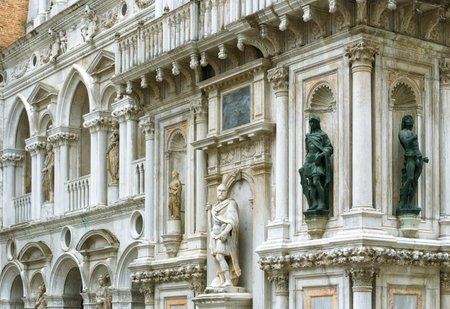Doge`s Palace or Palazzo Ducale, Venice, Italy. Doge`s Palace is one of the main tourist destinations in city. Decoration of the Doge`s Palace exterior. Luxury architectural detail of Doge`s Palace.のeditorial素材