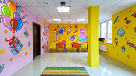 Moscow - June 24, 2014: Panorama of the large hall for children's parties. Colorful interior of the children's room. Painted walls in the children's room.のeditorial素材