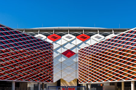 Moscow, Russia - May 11, 2018: Detail of Spartak Stadium (Otkritie Arena) exterior in Moscow. New modern stadium in Moscow for soccer. Spartak Stadium has been selected for the 2018 FIFA World Cup.のeditorial素材