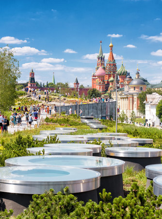 Moscow - June 16, 2018: People visit the Zaryadye Park near Moscow Kremlin, Russia. Zaryadye is one...