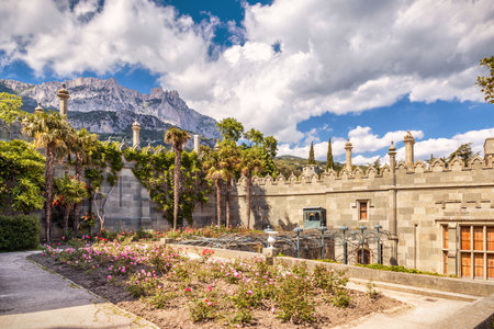 Crimea - May 20, 2016: Garden at Vorontsov Palace overlooking mount Ai-Petri in Crimea, Russia....