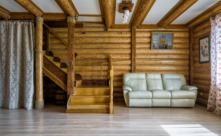 Moscow - May 2, 2018: Interior of country house or hotel. Interior design of a living room in vacation home. Wooden hall interior in daylight.のeditorial素材