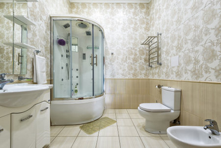 Moscow - May 2, 2018: Interior of bathroom in residential house or hotel. Interior design of restroom at home. Modern bright bathroom with shower cabin.のeditorial素材