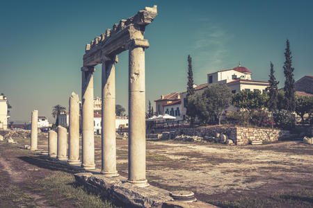 Panorama of the Roman Agora in summer, Athens, Greece. It is one of the main tourist attractions of Athens. Scenery of ancient Greek ruins in Athens center near Plaka district. The vintage photo.の写真素材