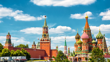 Moscow Kremlin and St Basil's Cathedral, Russia. It is the main tourist attraction of Moscow. Famous ancient architecture of Moscow on the sky background. Panorama of the Moscow center in summer.の写真素材