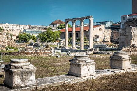 Panorama of the Library of Hadrian, Athens, Greece. It is one of the main landmarks of Athens. Nice scenery of the Athens center with Ancient Greek ruins. Remains of the antique Athens in summer.の写真素材