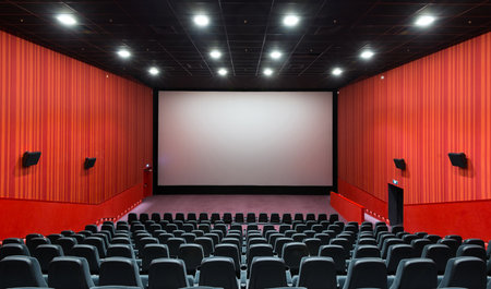 Moscow - July 21, 2014: Panoramic view of an empty cinema hall with a screen. Contemporary cinema auditorium design. Panorama of the modern movie theater interior with a stage.のeditorial素材
