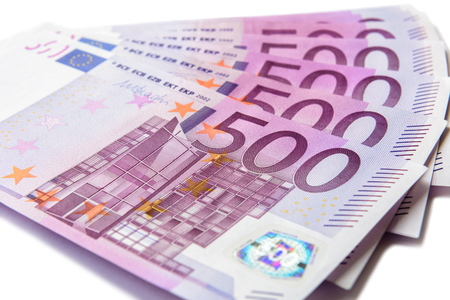 500 euro money banknotes isolated on a white background. Five hundred notes of European Union...