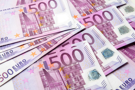 500 euro money banknotes background. Five hundred notes of European Union currency. Stack of euro...